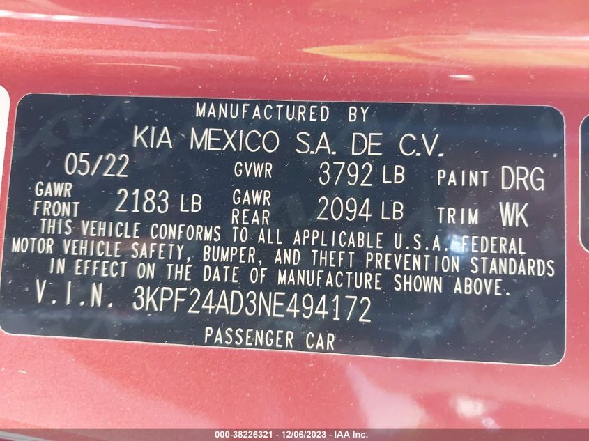 2022 KIA FORTE LXS - 3KPF24AD3NE494172