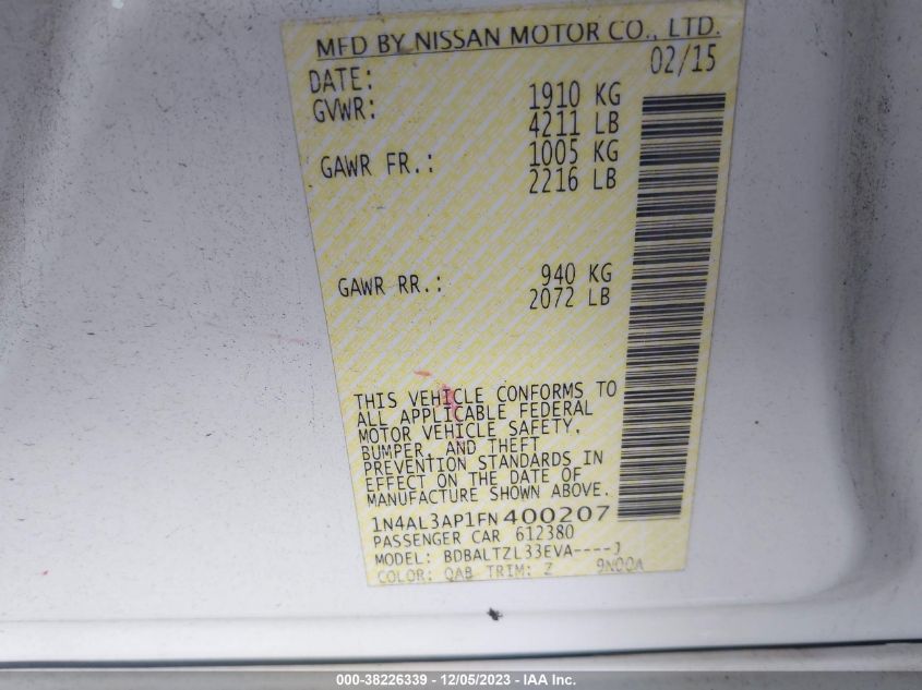 2015 NISSAN ALTIMA 2.5/S/SV/SL - 1N4AL3AP1FN400207