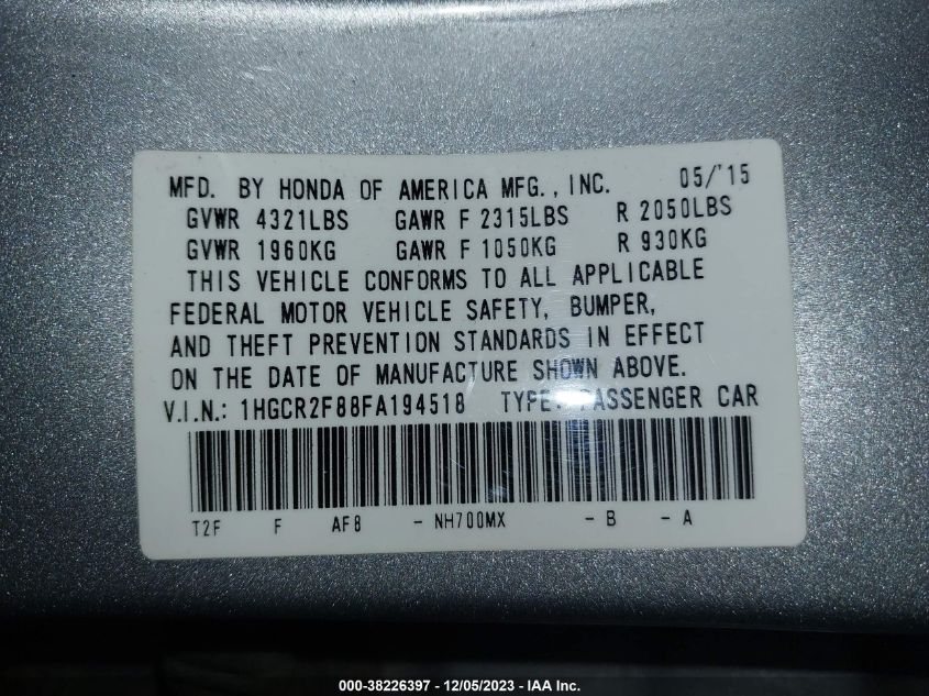 2015 HONDA ACCORD EXL - 1HGCR2F88FA194518