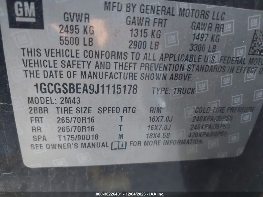 2018 CHEVROLET COLORADO - 1GCGSBEA9J1115178