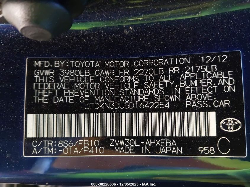 2013 TOYOTA PRIUS TWO - JTDKN3DU5D1642254