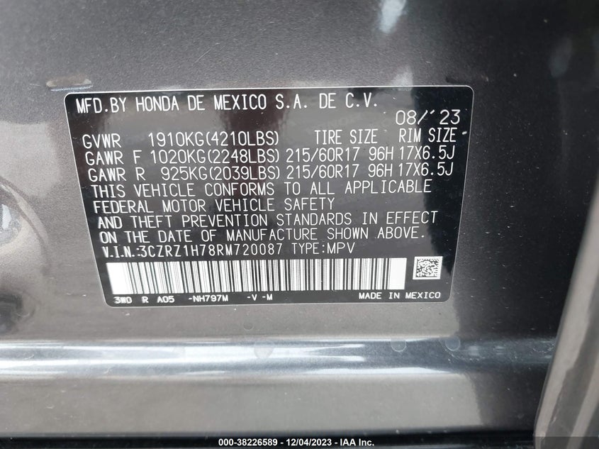 VIN 3CZRZ1H78RM720087 2024 HONDA HR-V 2WD EX-L/2WD EX-L W/O BSI