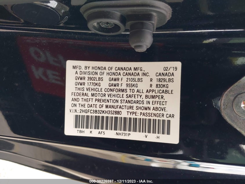 VIN 2HGFC3B32KH352880 2019 HONDA CIVIC EX