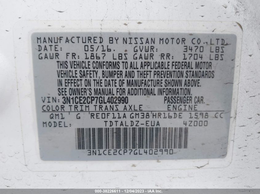 2016 NISSAN VERSA NOTE S PLUS/SV/SR/S (SR)/SL 3N1CE2CP7GL402990
