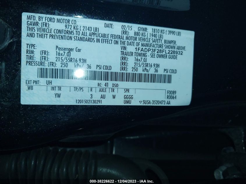 2015 FORD FOCUS SE - 1FADP3F28FL228932