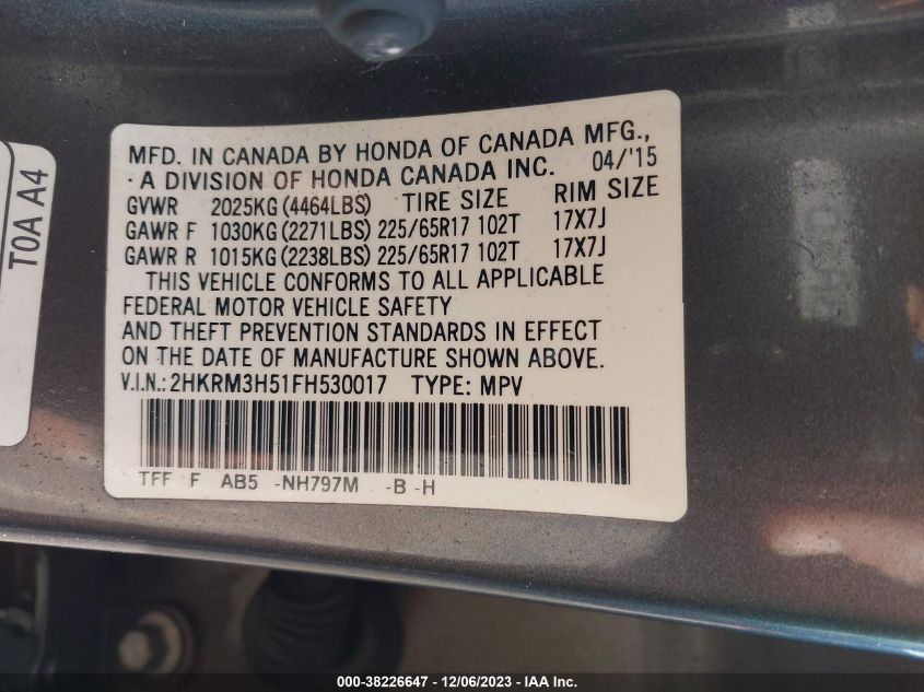 2015 HONDA CR-V EX - 2HKRM3H51FH530017