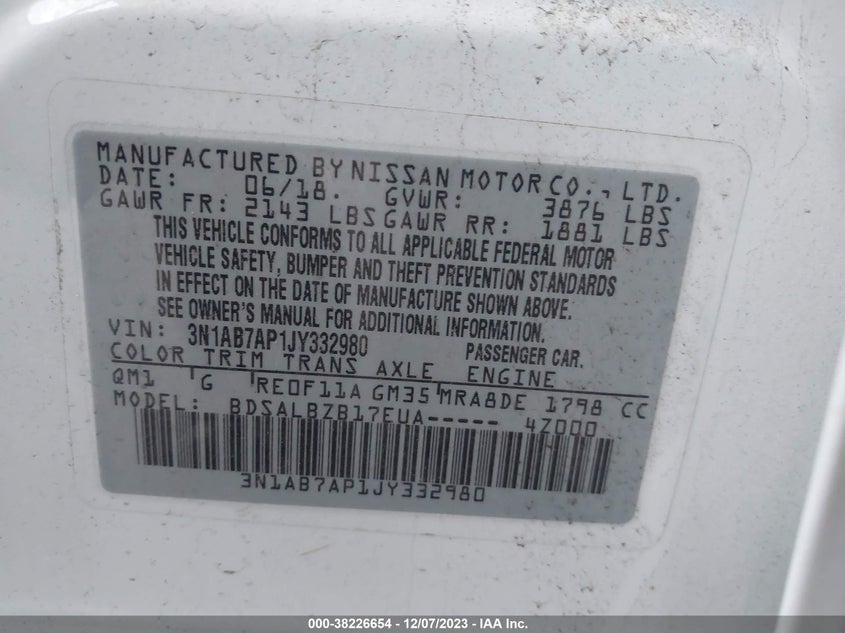 VIN 3N1AB7AP1JY332980 2018 NISSAN SENTRA S