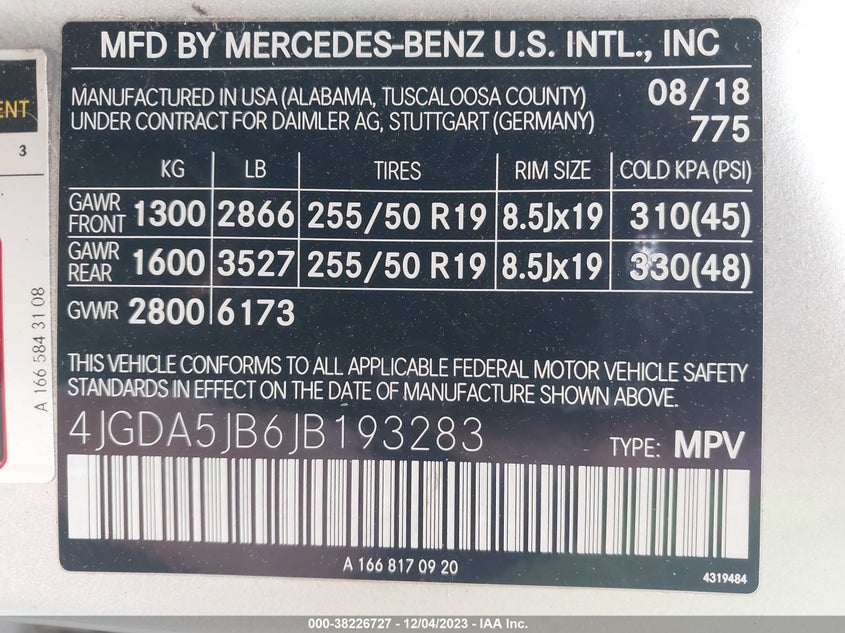 VIN 4JGDA5JB6JB193283 2018 MERCEDES-BENZ GLE 350