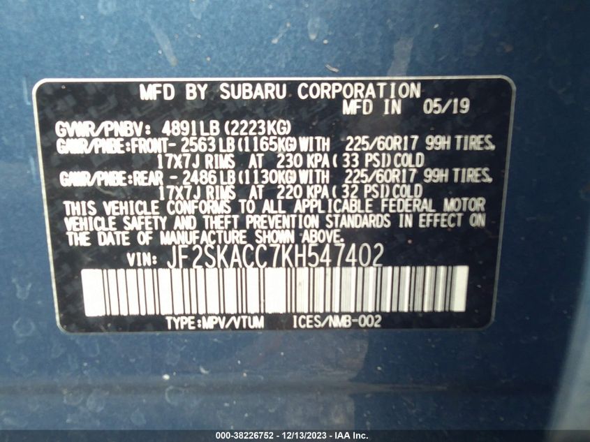 2019 SUBARU FORESTER - JF2SKACC7KH547402