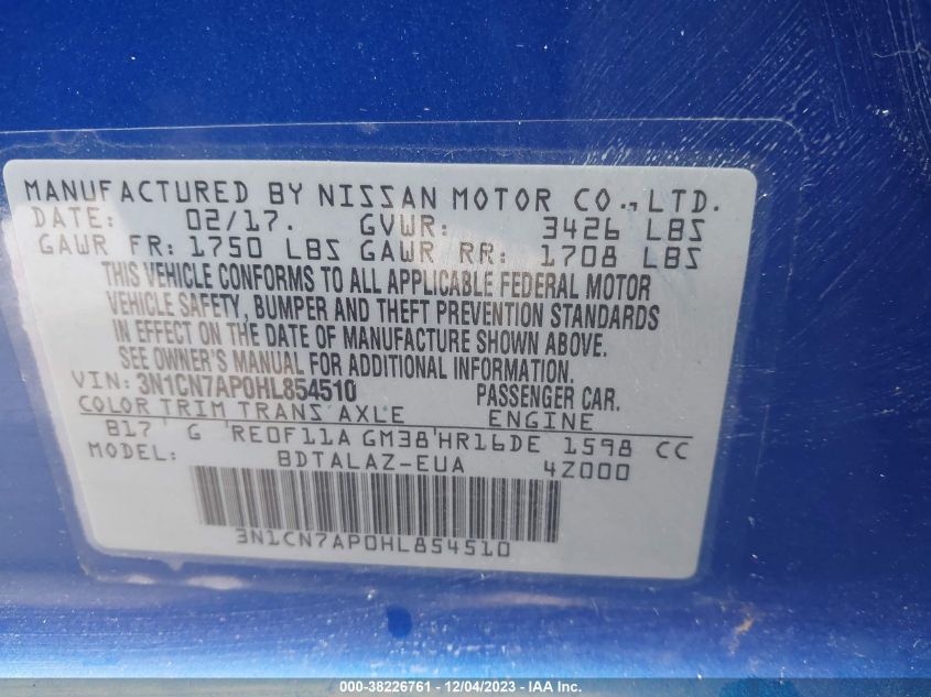 2017 NISSAN VERSA S/S PLUS/SV/SL - 3N1CN7AP0HL854510