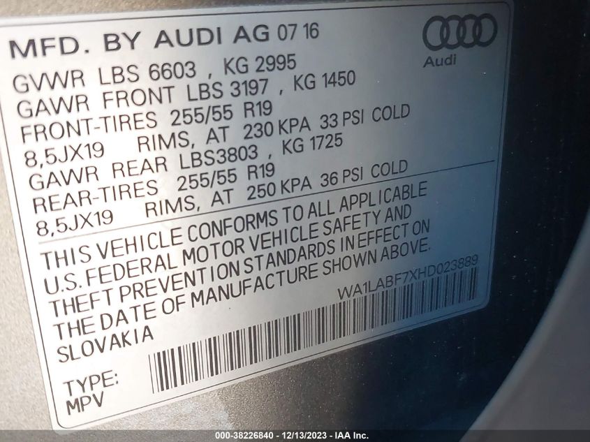 WA1LABF7XHD023889 2017 AUDI Q7, photo no. 9