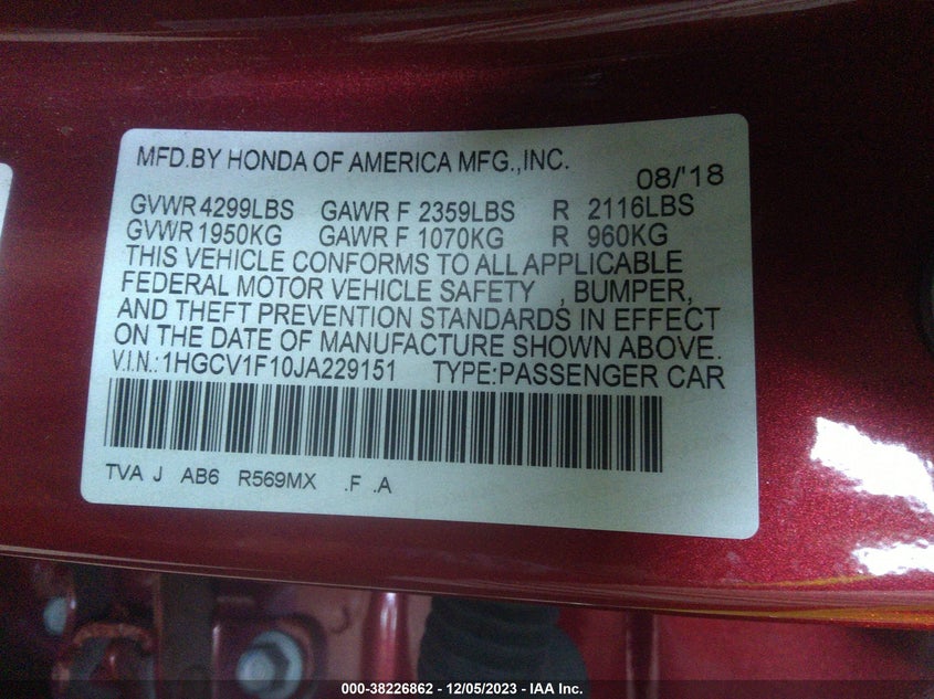 VIN 1HGCV1F10JA229151 2018 HONDA ACCORD LX