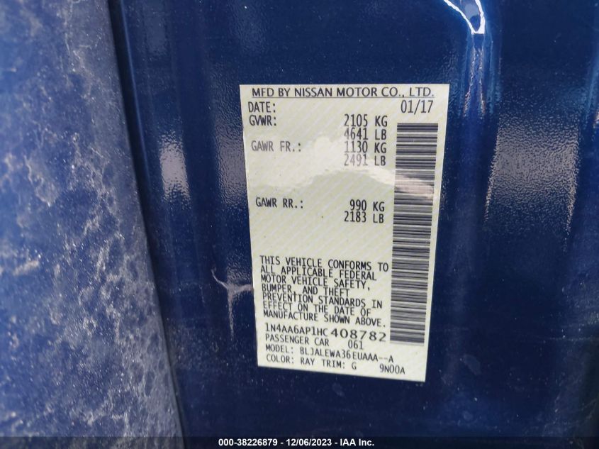 2017 NISSAN MAXIMA 3.5S/SV/SL/SR/PLAT - 1N4AA6AP1HC408782