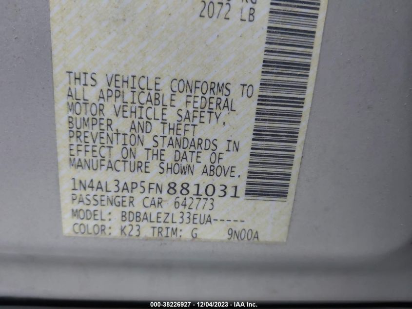 2015 NISSAN ALTIMA 2.5/2.5 S/2.5 SL/2.5 SV - 1N4AL3AP5FN881031