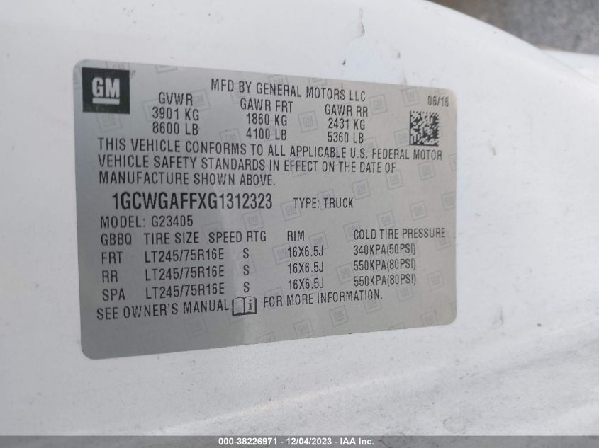 2016 CHEVROLET EXPRESS 2500 WORK VAN 1GCWGAFFXG1312323