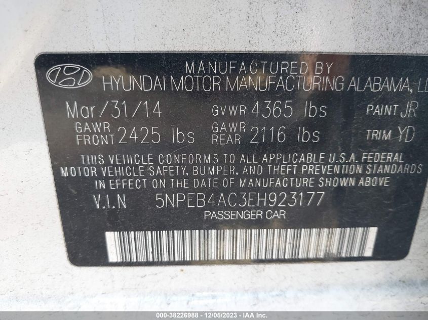 2014 HYUNDAI SONATA GLS - 5NPEB4AC3EH923177