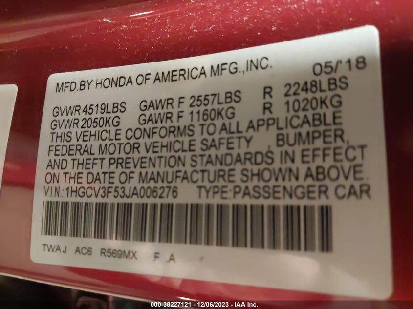 VIN 1HGCV3F53JA006276 2018 HONDA ACCORD HYBRID EX-L