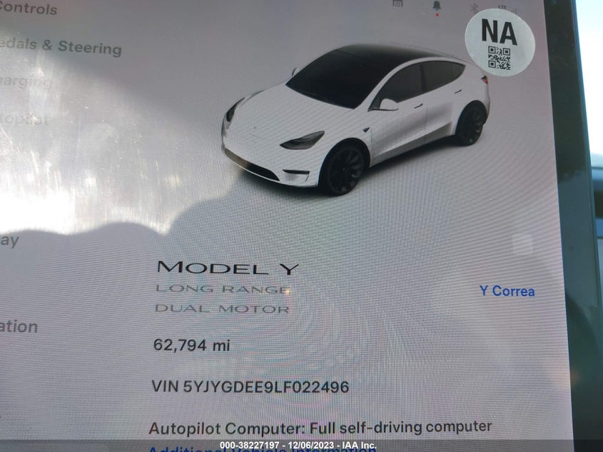 VIN 5YJYGDEE9LF022496 2020 TESLA MODEL Y
