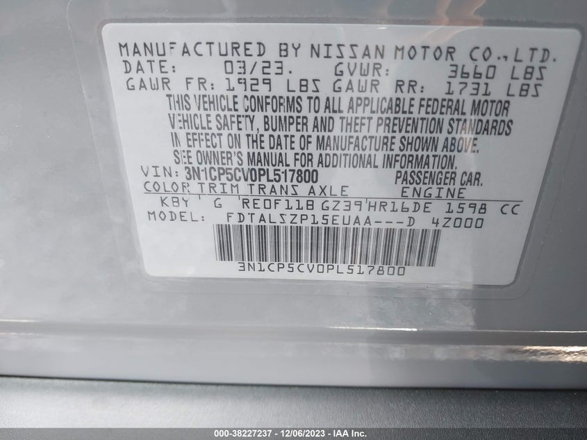VIN 3N1CP5CV0PL517800 2023 NISSAN KICKS SV