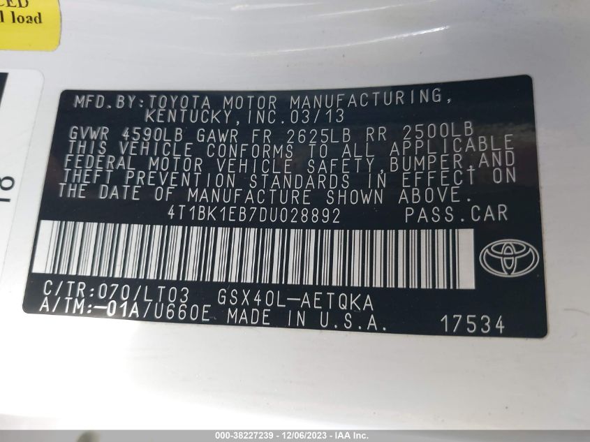 2013 TOYOTA AVALON XLE TOURING - 4T1BK1EB7DU028892
