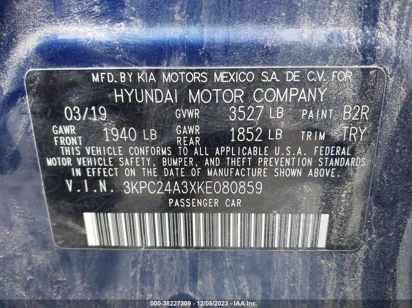 VIN 3KPC24A3XKE080859 2019 HYUNDAI ACCENT SE