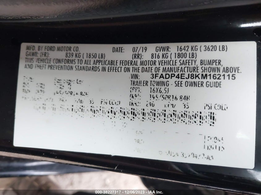 VIN 3FADP4EJ8KM162115 2019 FORD FIESTA SE