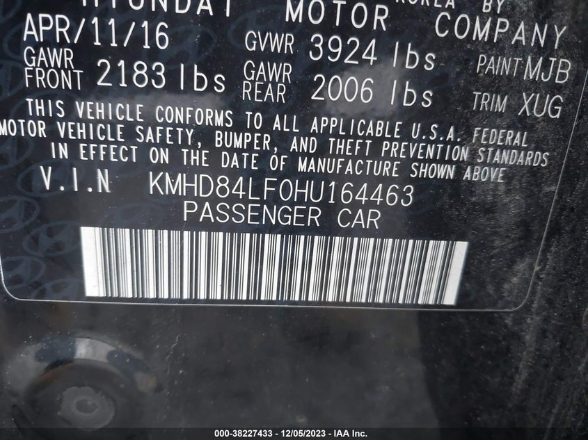 VIN KMHD84LF0HU164463 2017 HYUNDAI ELANTRA SE/VALUE/LIMITED