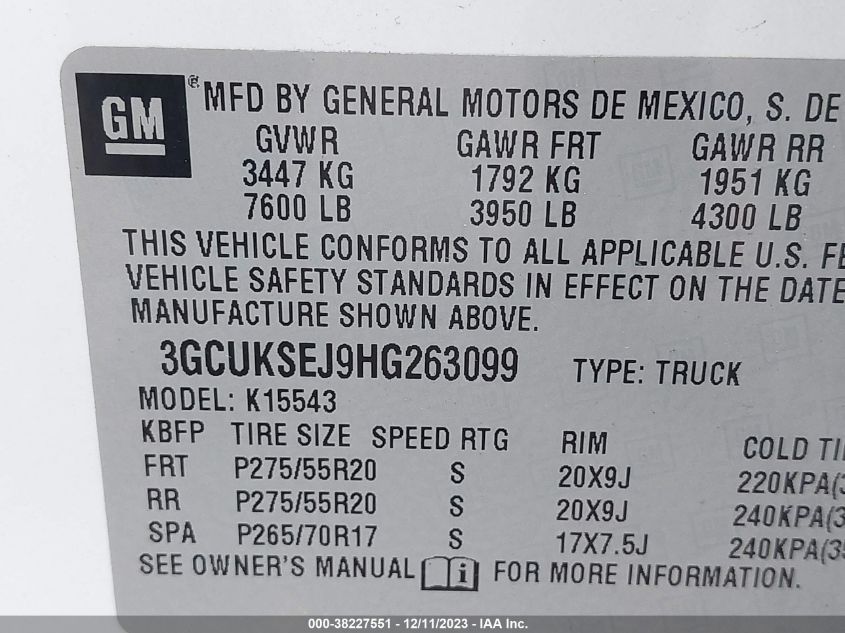 2017 CHEVROLET SILVERADO 1500 1LZ - 3GCUKSEJ9HG263099
