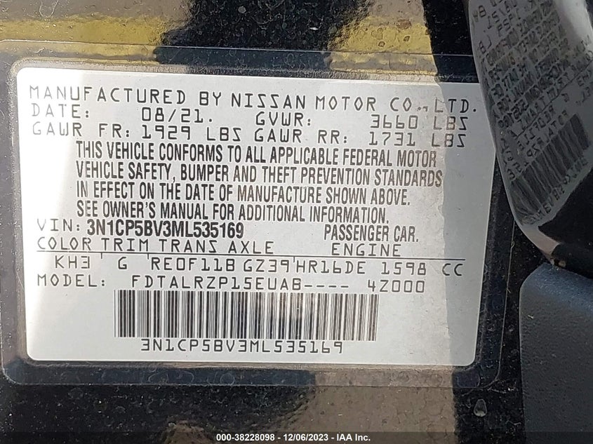 VIN 3N1CP5BV3ML535169 2021 NISSAN KICKS S XTRONIC CVT