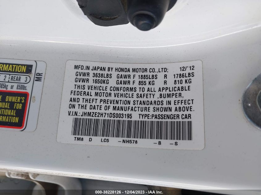 2013 HONDA INSIGHT EX - JHMZE2H71DS003195