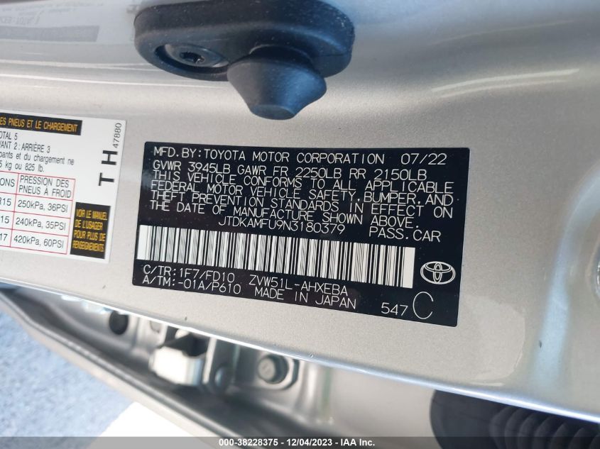 2022 TOYOTA PRIUS LE - JTDKAMFU9N3180379