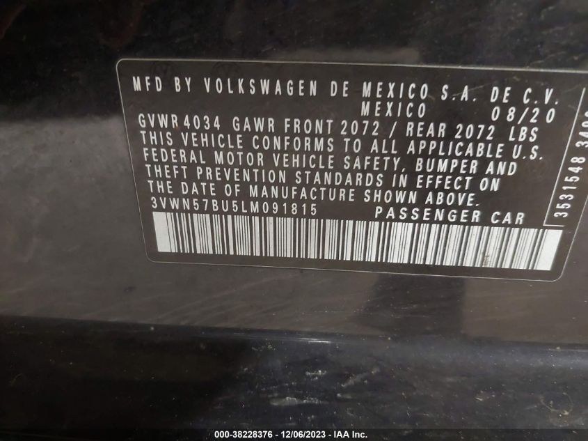 2020 VOLKSWAGEN JETTA S/R-LINE - 3VWN57BU5LM091815