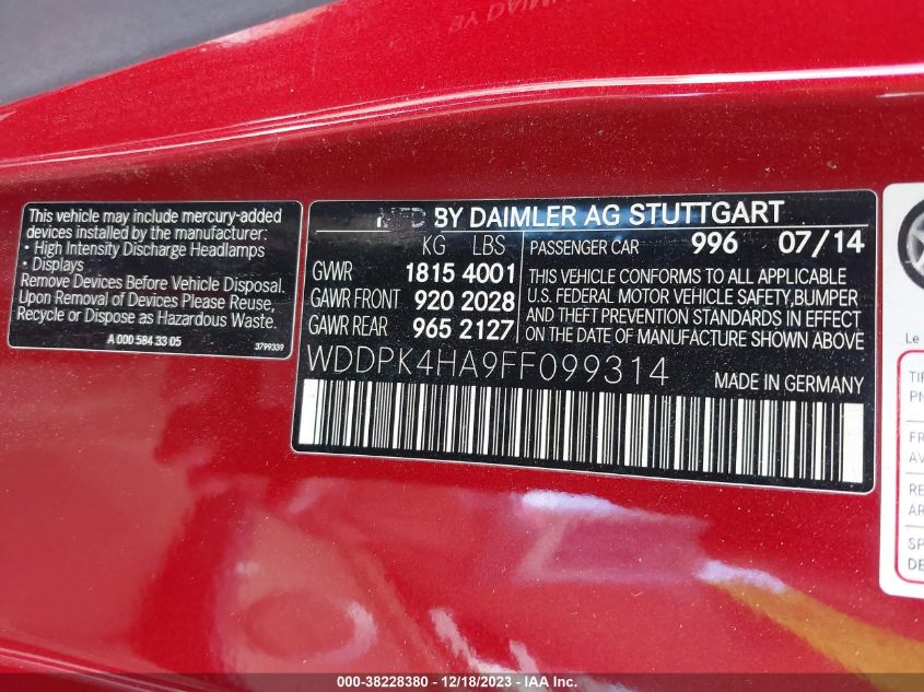 2015 MERCEDES-BENZ SLK 250 WDDPK4HA9FF099314