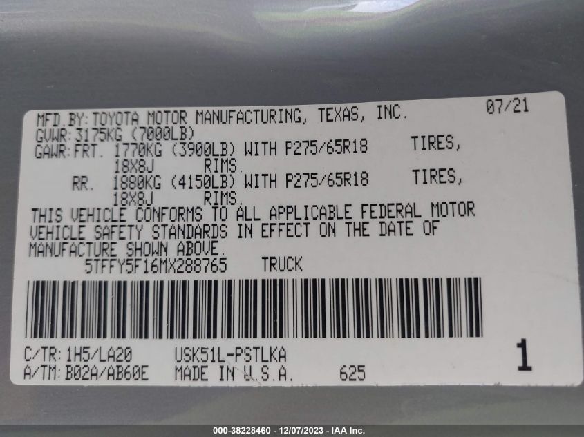 2021 TOYOTA TUNDRA 2WD LIMITED - 5TFFY5F16MX288765