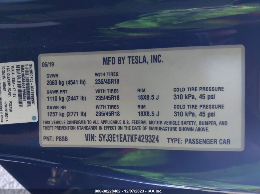 2019 TESLA MODEL 3 - 5YJ3E1EA7KF429324