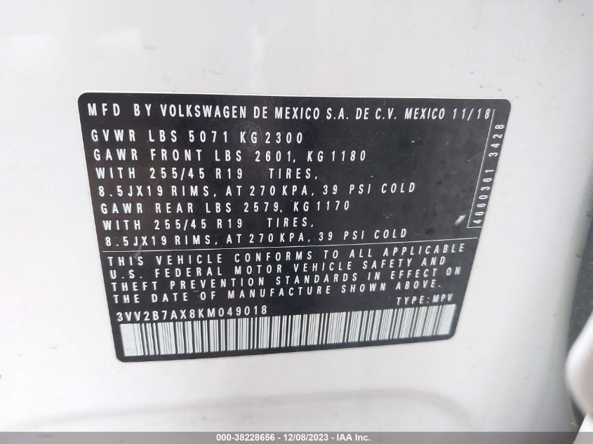 2019 VOLKSWAGEN TIGUAN 2.0T SE/2.0T SEL/2.0T SEL R-LINE/2.0T SEL R-LINE BLACK - 3VV2B7AX8KM049018