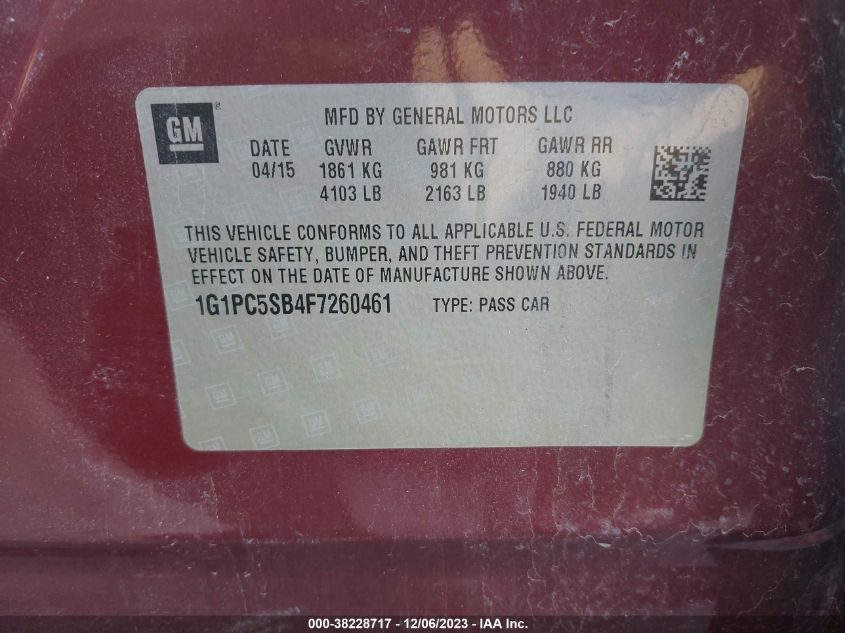 2015 CHEVROLET CRUZE LT - 1G1PC5SB4F7260461