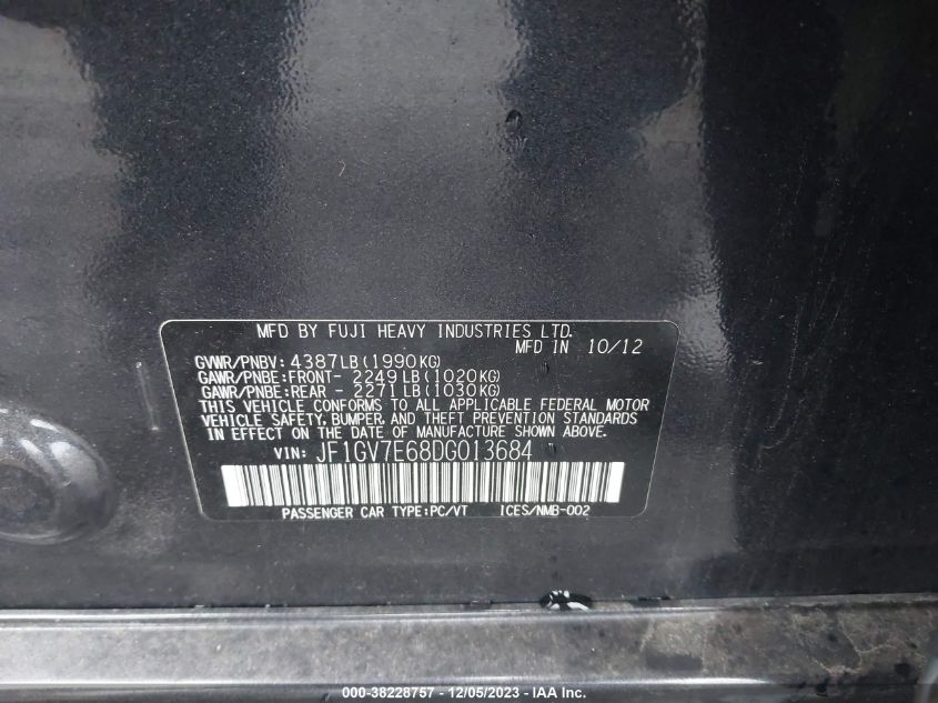 2013 SUBARU IMPREZA WRX JF1GV7E68DG013684
