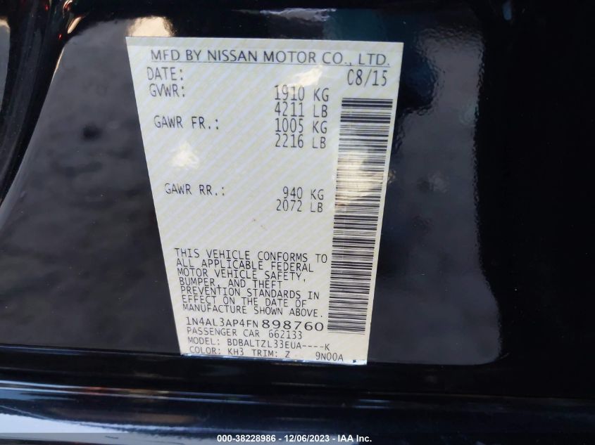 2015 NISSAN ALTIMA 2.5/S/SV/SL - 1N4AL3AP4FN898760