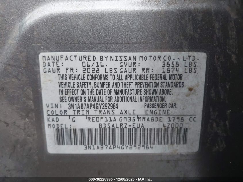 2016 NISSAN SENTRA SR - 3N1AB7AP4GY292984