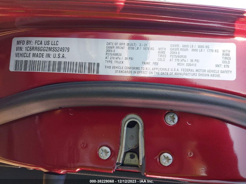 2021 RAM 1500 CLASSIC SLT - 1C6RR6GG2MS524979