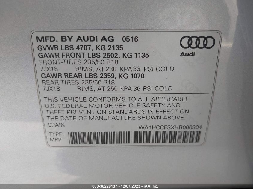 2017 AUDI Q3 2.0T PREMIUM - WA1HCCFSXHR000304