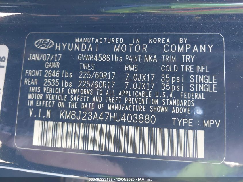 2017 HYUNDAI TUCSON SE - KM8J23A47HU403880