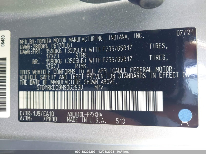 VIN 5TDYRKEC9MS062930 2021 TOYOTA SIENNA XLE