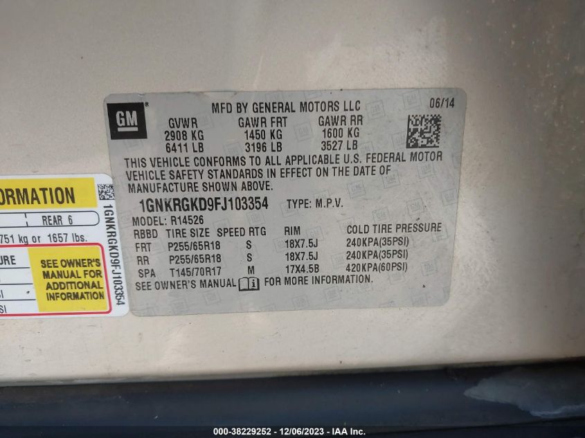 2015 CHEVROLET TRAVERSE LT - 1GNKRGKD9FJ103354