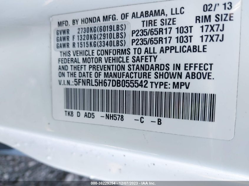 2013 HONDA ODYSSEY EXL - 5FNRL5H67DB055542