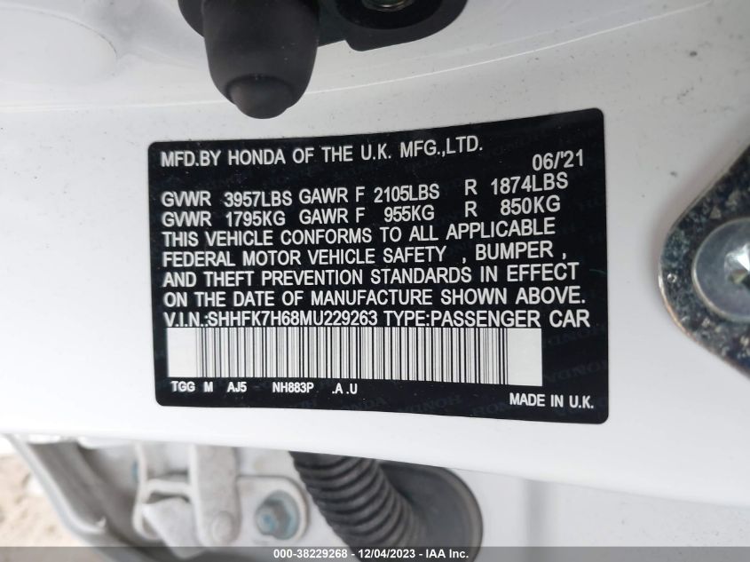 2021 HONDA CIVIC EX - SHHFK7H68MU229263