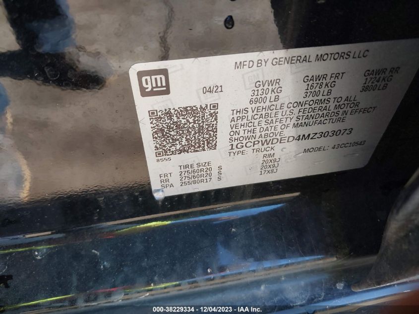 2021 CHEVROLET SILVERADO 1500 2WD  SHORT BED RST - 1GCPWDED4MZ303073
