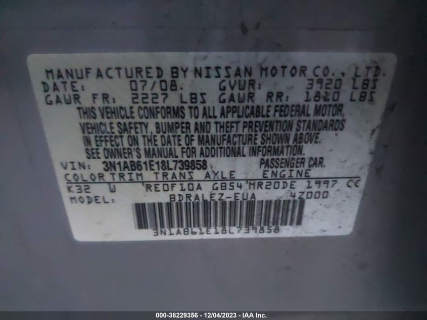 3N1AB61E18L739858 | 2008 NISSAN SENTRA