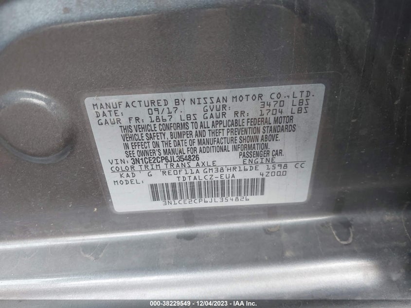 VIN 3N1CE2CP6JL354826 2018 NISSAN VERSA NOTE S
